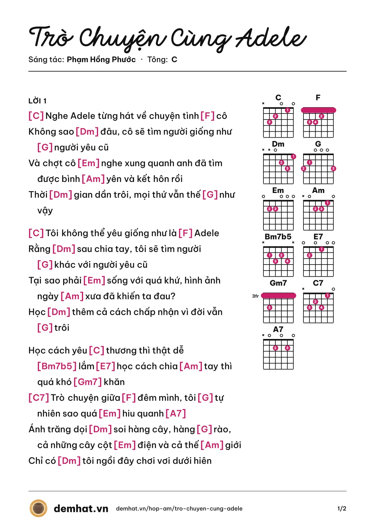 Hợp âm Trò Chuyện Cùng Adele (Phạm Hồng Phước) – bản nhạc PDF trang 1, tông C