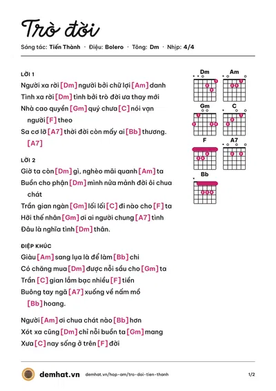 Hợp âm Trò đời (Tiến Thành) – bản nhạc PDF trang 1, tông Dm