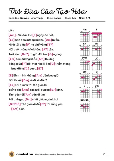 Hợp âm Trò Đùa Của Tạo Hóa (Bùi Anh Tuấn) – bản nhạc PDF trang 1, tông Am