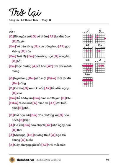 Hợp âm Trở lại (Trần Mạnh Cường) – bản nhạc PDF trang 1, tông D