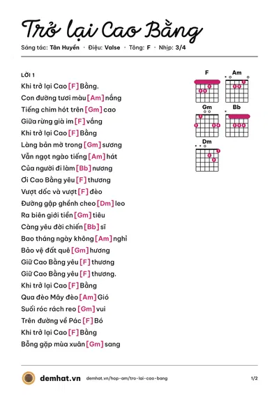 Hợp âm Trở lại Cao Bằng (Lê Dung) – bản nhạc PDF trang 1, tông F