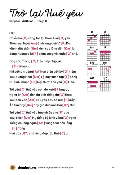 Hợp âm Trở lại Huế yêu (Kim Hiền) – bản nhạc PDF trang 1, tông C