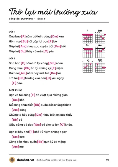 Hợp âm Trở lại mái trường xưa (Duy Mạnh) – bản nhạc PDF trang 1, tông F