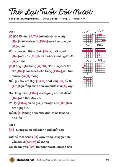 Hợp âm Trở Lại Tuổi Đôi Mươi (Phạm Nguyên Ngọc) – bản nhạc PDF trang 1, tông D
