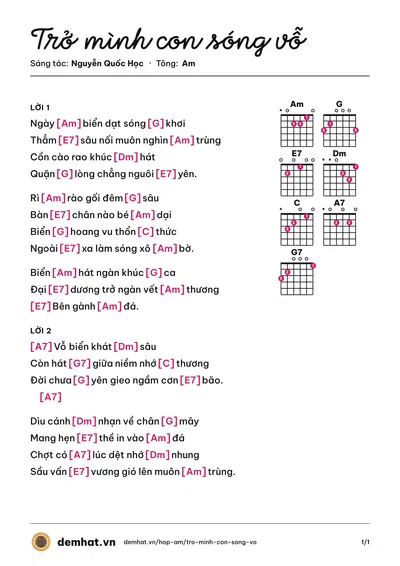 Hợp âm Trở mình con sóng vỗ (Lệ Hồng) – bản nhạc PDF trang 1, tông Am