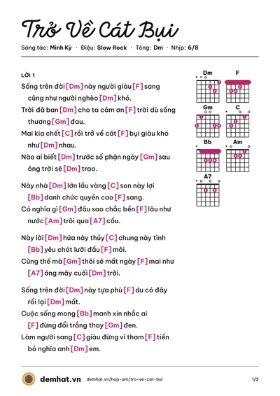 Hợp âm Trở Về Cát Bụi (Mạnh Quỳnh) – bản nhạc PDF trang 1, tông Dm