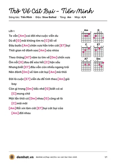 Hợp âm Trở Về Cát Bụi - Tiến Minh (Tiến Minh) – bản nhạc PDF trang 1, tông Am