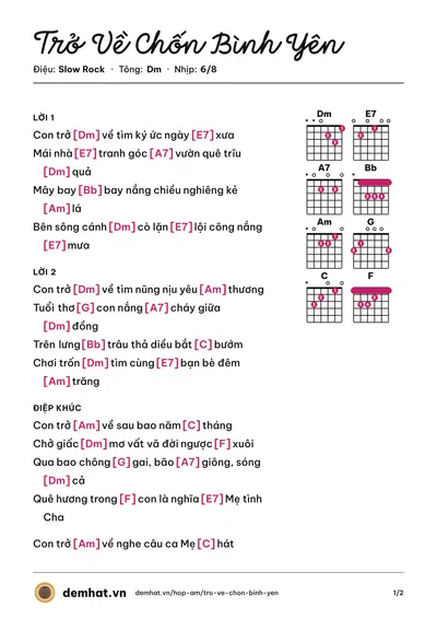 Hợp âm Trở Về Chốn Bình Yên (Ân Nhi) – bản nhạc PDF trang 1, tông Dm