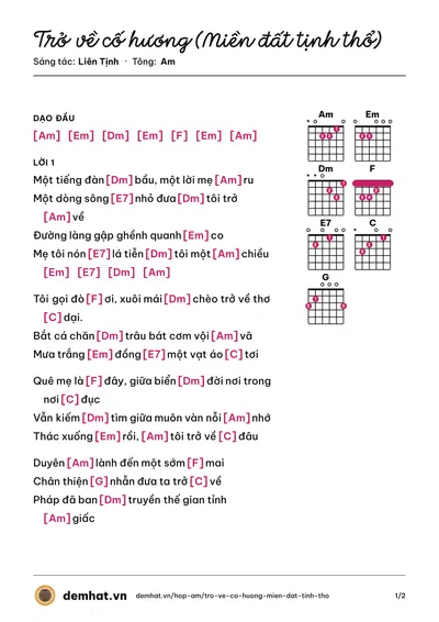 Hợp âm Trở về cố hương (Miền đất tịnh thổ) (Liên Tịnh) – bản nhạc PDF trang 1, tông Am
