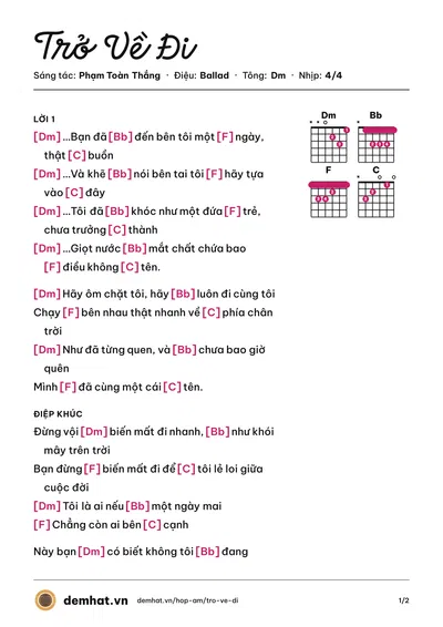 Hợp âm Trở Về Đi (Văn Anh) – bản nhạc PDF trang 1, tông Dm