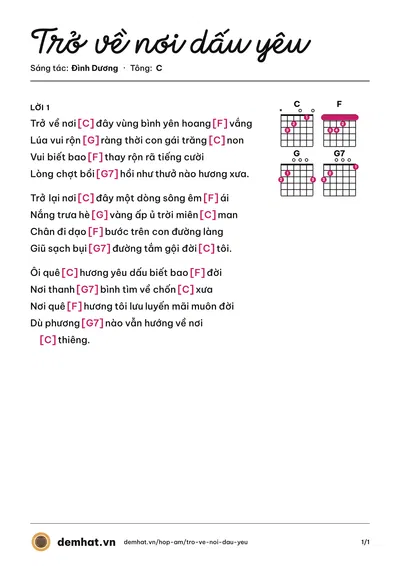 Hợp âm Trở về nơi dấu yêu (Đình Dương) – bản nhạc PDF trang 1, tông C