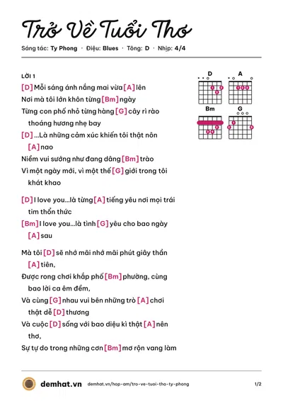 Hợp âm Trở Về Tuổi Thơ (VMusic) – bản nhạc PDF trang 1, tông D