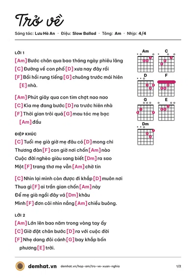 Hợp âm Trở về (Đinh Hương) – bản nhạc PDF trang 1, tông Am