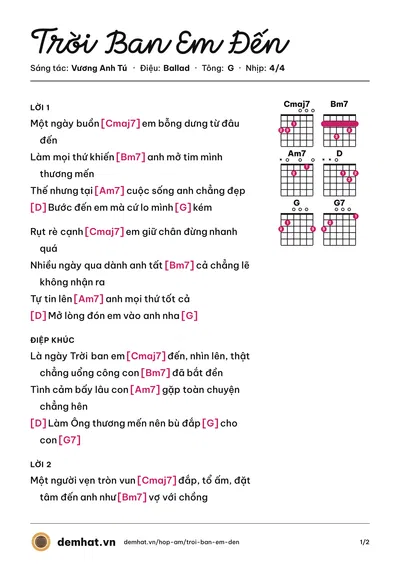 Hợp âm Trời Ban Em Đến (Vương Anh Tú) – bản nhạc PDF trang 1, tông G