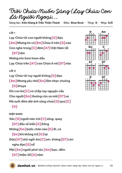 Hợp âm Trời Chưa Muốn Sáng (Lạy Chúa Con Là Người Ngoại Đạo) (Hoàng Oanh) – bản nhạc PDF trang 1, tông G