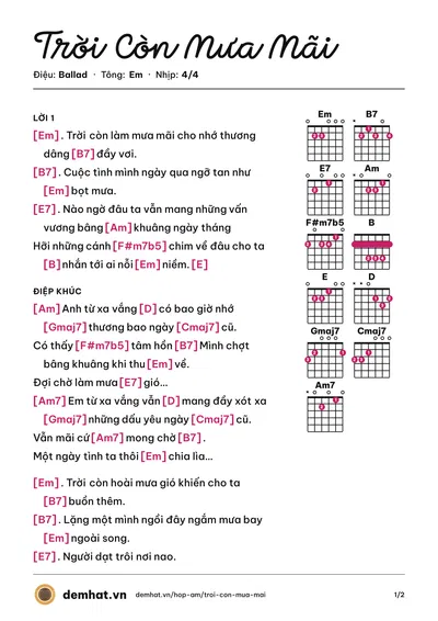Hợp âm Trời Còn Mưa Mãi (Nguyễn Hồng Ân) – bản nhạc PDF trang 1, tông Em