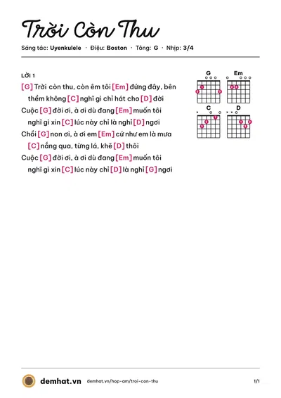 Hợp âm Trời Còn Thu (Uyenkulele) – bản nhạc PDF trang 1, tông G