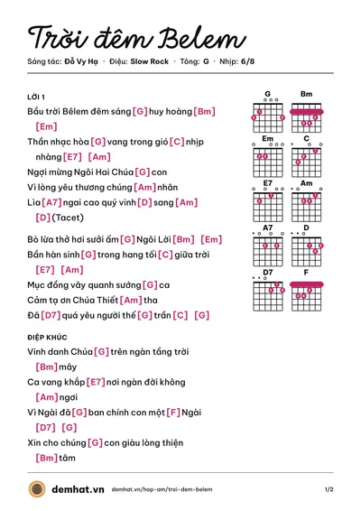 Hợp âm Trời đêm Belem (Gia Ân) – bản nhạc PDF trang 1, tông G