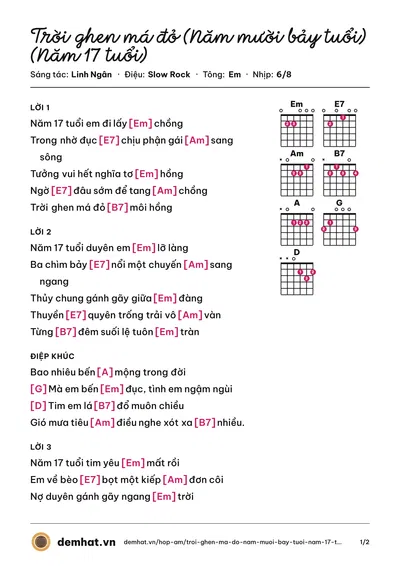 Hợp âm Trời ghen má đỏ (Năm mười bảy tuổi) (Năm 17 tuổi) (Giao Linh) – bản nhạc PDF trang 1, tông Em