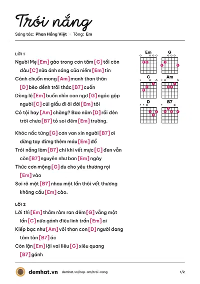 Hợp âm Trói nắng (Triều Linh) – bản nhạc PDF trang 1, tông Em