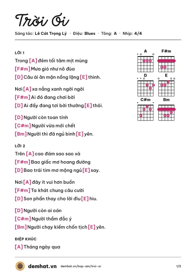 Hợp âm Trời Ơi (Lê Cát Trọng Lý) – bản nhạc PDF trang 1, tông A