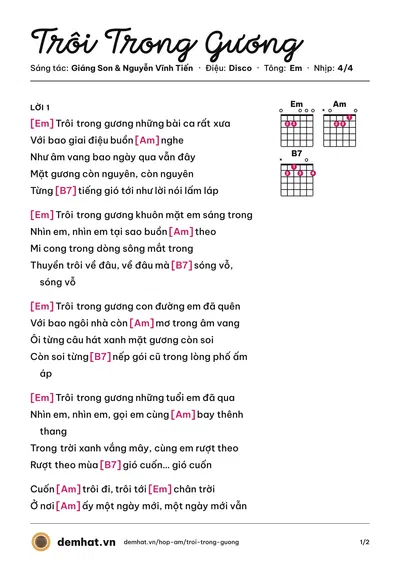 Hợp âm Trôi Trong Gương (Đoan Trang) – bản nhạc PDF trang 1, tông Em