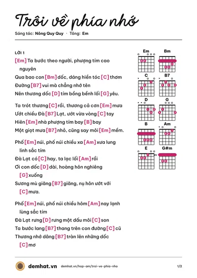 Hợp âm Trôi về phía nhớ (Lê Minh Đức) – bản nhạc PDF trang 1, tông Em