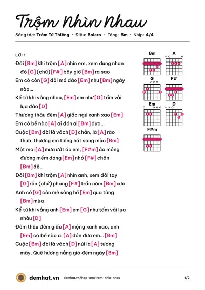 Hợp âm Trộm Nhìn Nhau (Quang Lê) – bản nhạc PDF trang 1, tông Bm