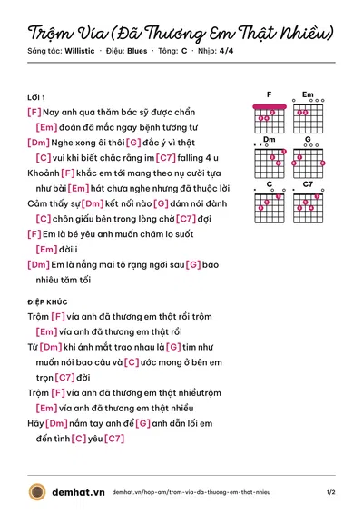 Hợp âm Trộm Vía (Đã Thương Em Thật Nhiều) (Willistic) – bản nhạc PDF trang 1, tông C