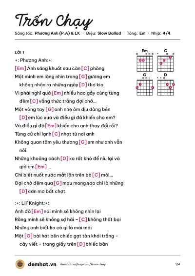 Hợp âm Trốn Chạy (Phương Anh (P.A)) – bản nhạc PDF trang 1, tông Em