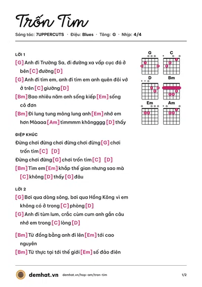 Hợp âm Trốn Tìm (7UPPERCUTS) – bản nhạc PDF trang 1, tông G