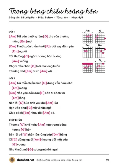 Hợp âm Trong bóng chiều hoàng hôn (Đức Duy) – bản nhạc PDF trang 1, tông Am