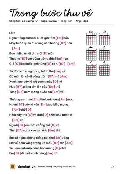 Hợp âm Trong bước thu về (Phương Thu) – bản nhạc PDF trang 1, tông Em
