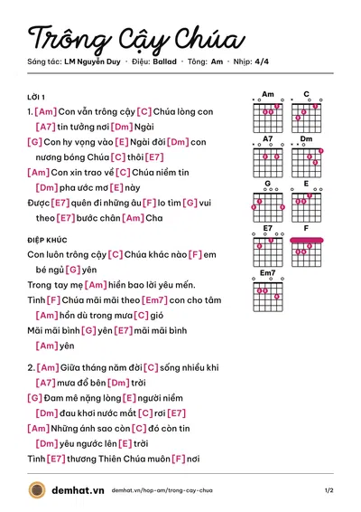 Hợp âm Trông Cậy Chúa (Mạnh Hùng) – bản nhạc PDF trang 1, tông Am