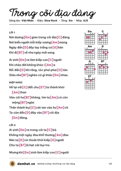 Hợp âm Trong cõi địa đàng (Nam Phong) – bản nhạc PDF trang 1, tông Em
