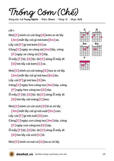 Hợp âm Trống Cơm (Chế) (Lê Trọng Nghĩa) – bản nhạc PDF trang 1, tông C