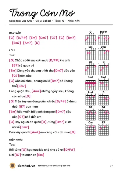 Hợp âm Trong Cơn Mơ (Lục Anh) – bản nhạc PDF trang 1, tông G