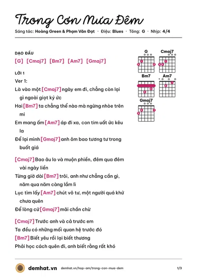 Hợp âm Trong Cơn Mưa Đêm (Hayho) – bản nhạc PDF trang 1, tông G