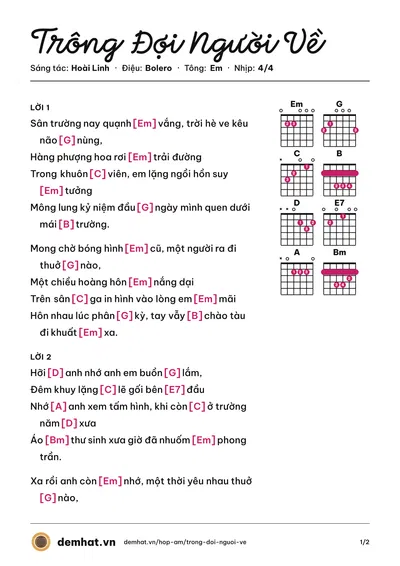 Hợp âm Trông Đợi Người Về (Hải Linh) – bản nhạc PDF trang 1, tông Em
