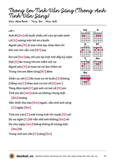 Hợp âm Trong Em Tình Vẫn Sáng (Trong Anh Tình Vẫn Sáng) (Khánh Phương) – bản nhạc PDF trang 1, tông Em