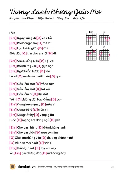 Hợp âm Trong Lành Những Giấc Mơ (Thùy Chi) – bản nhạc PDF trang 1, tông Em