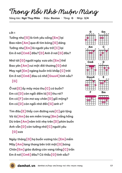 Hợp âm Trong Nỗi Nhớ Muộn Màng (Hòa Mi) – bản nhạc PDF trang 1, tông G