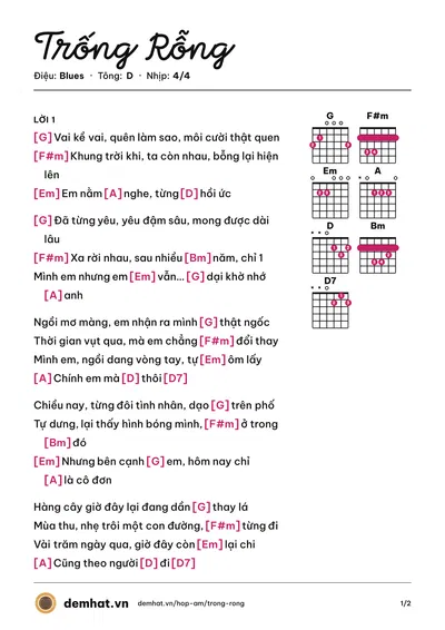 Hợp âm Trống Rỗng (Hà Nhi) – bản nhạc PDF trang 1, tông D
