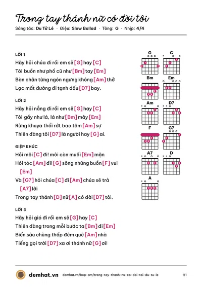 Hợp âm Trong tay thánh nữ có đời tôi (Thanh Hà) – bản nhạc PDF trang 1, tông G
