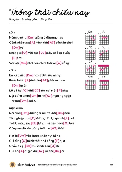Hợp âm Trống trải chiều nay (Diệu Hiền) – bản nhạc PDF trang 1, tông Dm