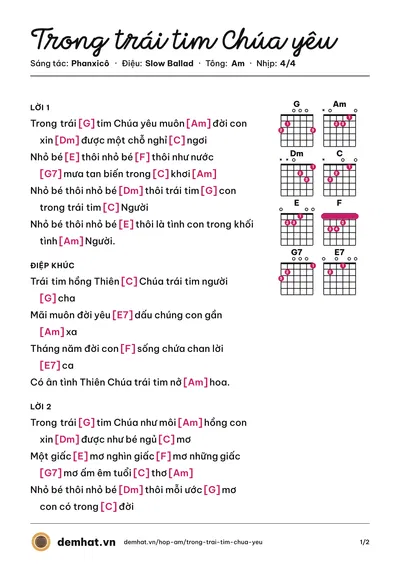 Hợp âm Trong trái tim Chúa yêu (Tâm Đoan) – bản nhạc PDF trang 1, tông Am