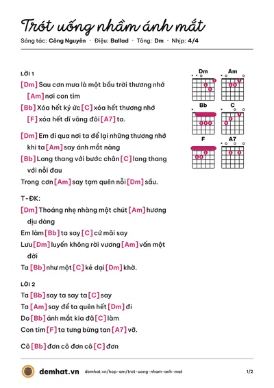 Hợp âm Trót uống nhầm ánh mắt (Công Nguyên) – bản nhạc PDF trang 1, tông Dm
