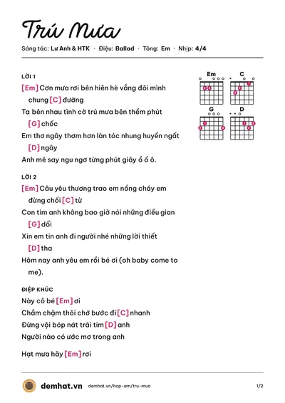 Hợp âm Trú Mưa (HKT) – bản nhạc PDF trang 1, tông Em
