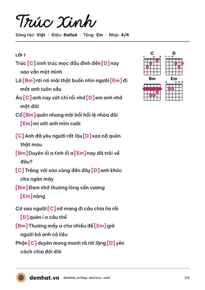 Hợp âm Trúc Xinh (Minh Vương) – bản nhạc PDF trang 1, tông Em