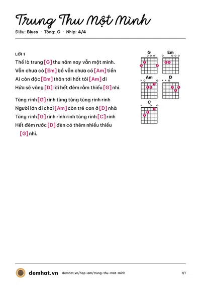 Hợp âm Trung Thu Một Mình (Đạt Ozy) – bản nhạc PDF trang 1, tông G